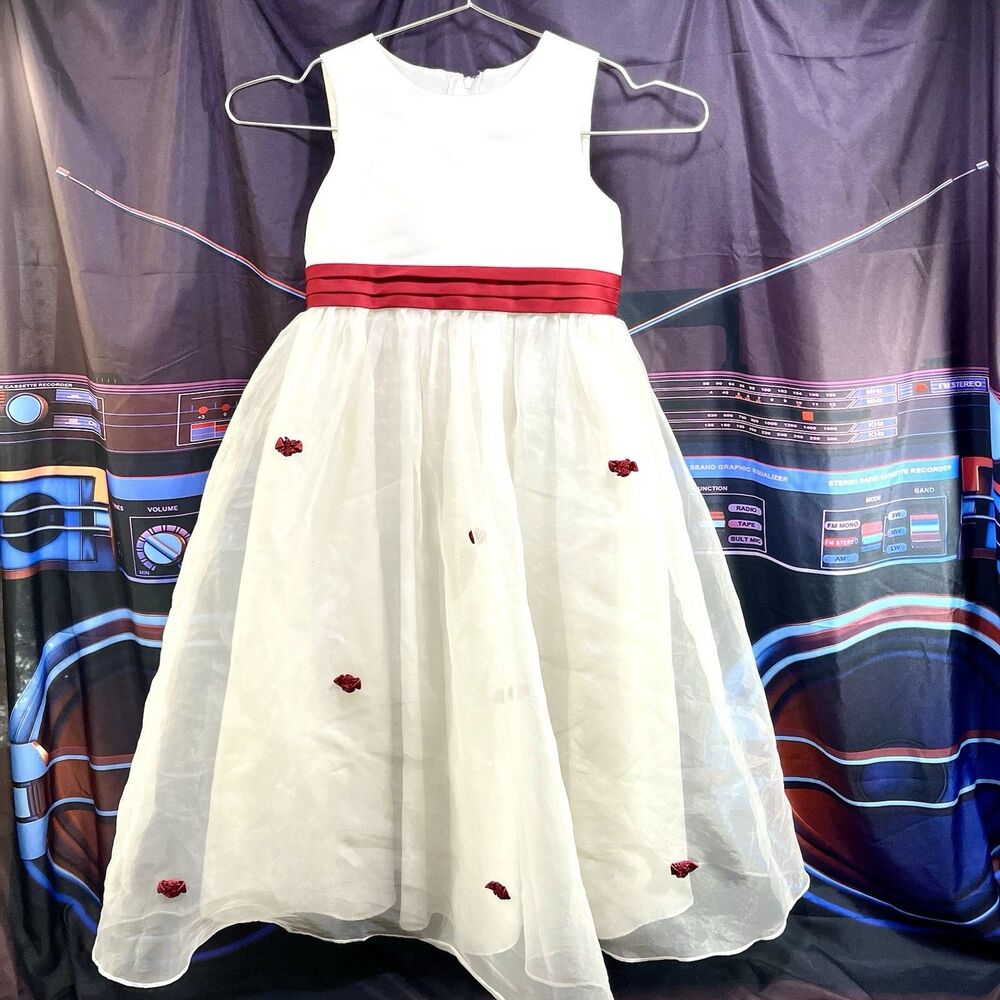 DAVIDS BRIDAL Ivory Satin Tulle Red Rose Detail Formal Dress Girls Size 4